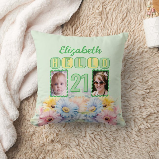 Hej 21 namn 2-foton gerbera-blommor grönt kudde (Filt)