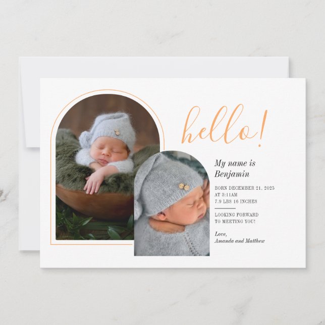 Hej 2 Baby Foton Hand-Lettered Birth Meddelande (Framsida)