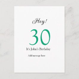Hej 30-årsdag grön svart fet bokstav namn vykort