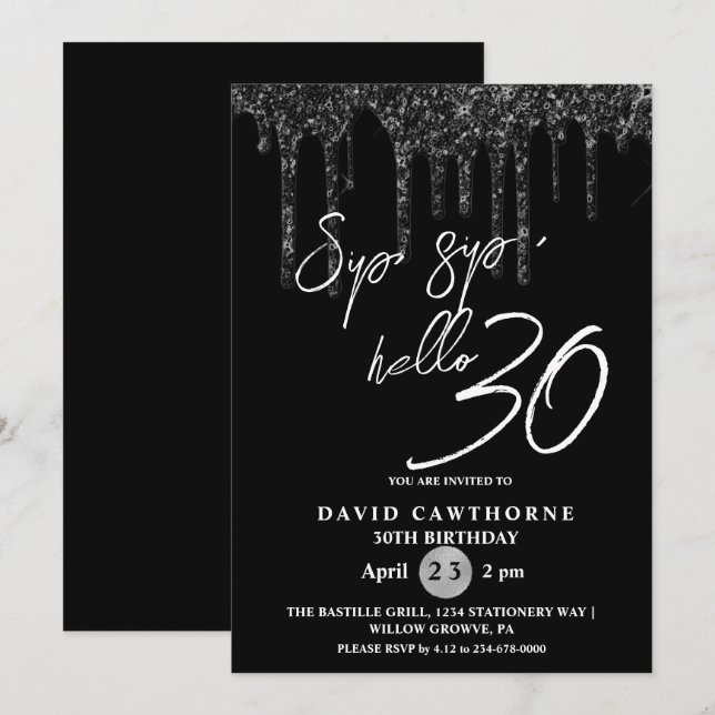 Hej 30:e Svarta Glitter-Födelsedagsfesten Inbjudningar (Fram/baksida)