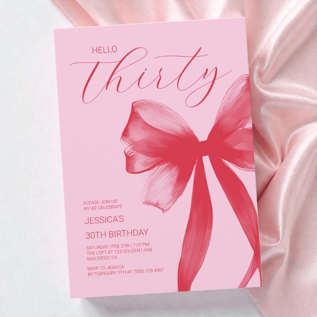 Hej 30 Elegant Rosa Bow 30års födelsedag Party Inbjudningar (Hello Thirty Elegant Pink Bow 30th Birthday Party Invitation)