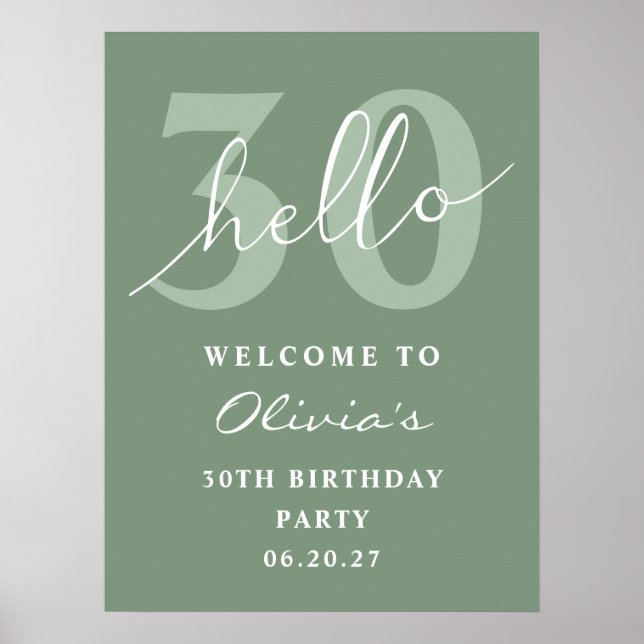 Hej 30 Modern Simple Sage Grönt Birthday Välkommen Poster (Framsidan)