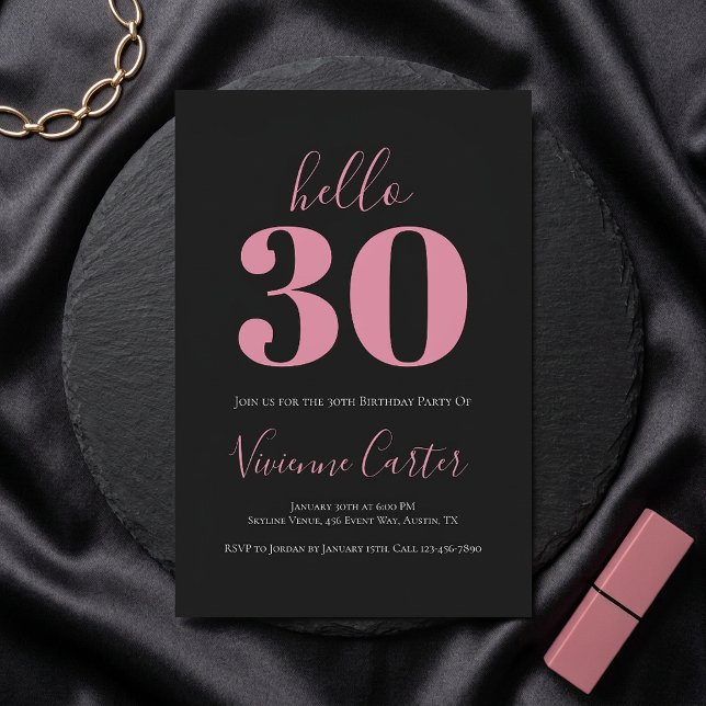Hej 30 Script Rosa Svart 30-årsfest Inbjudningar (Hello 30 Script Pink Black 30th Birthday Party Invitation)