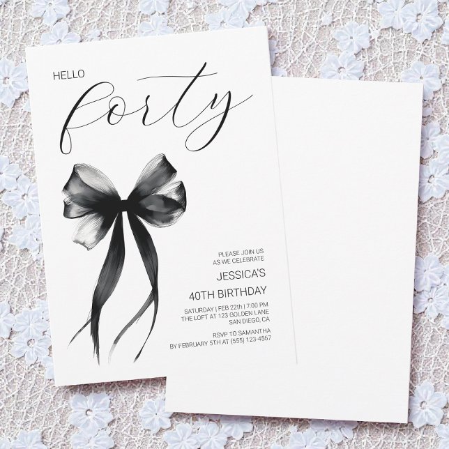 Hej 40 Black Bow Elegant 40:e födelsedagen Party Inbjudningar (Hello Forty Black Bow Elegant 40th Birthday Party Invitation)