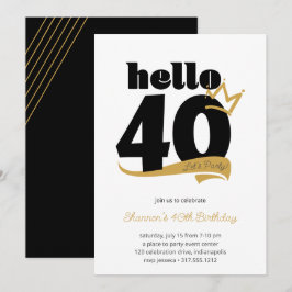 Hej 40 Milstolpe Birthday Black Guld Krona Inbjudningar