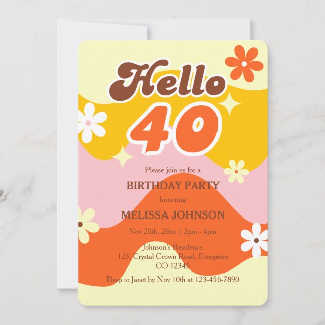 Hej 40 Retro Våg Groovy Blomma Födelsedag  Inbjudningar (Framsida)