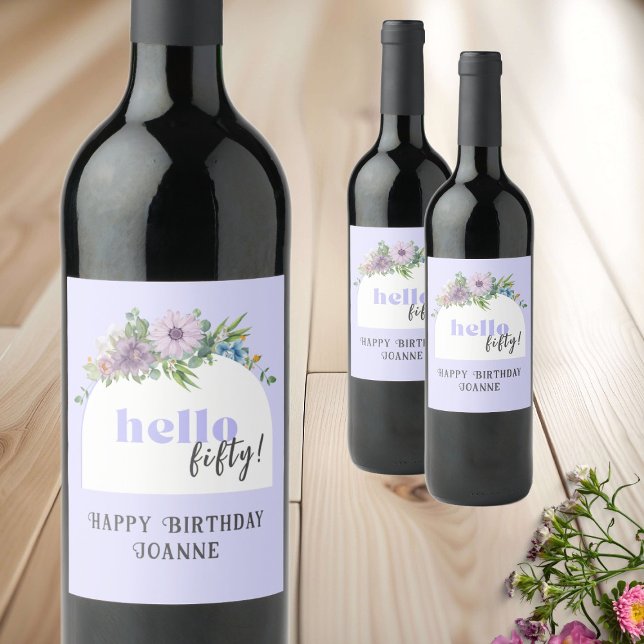 Hej 50 - Anpassningsbar, ömtåliga blommigtar laven Vinflaska Etikett (Skapare uppladdad)
