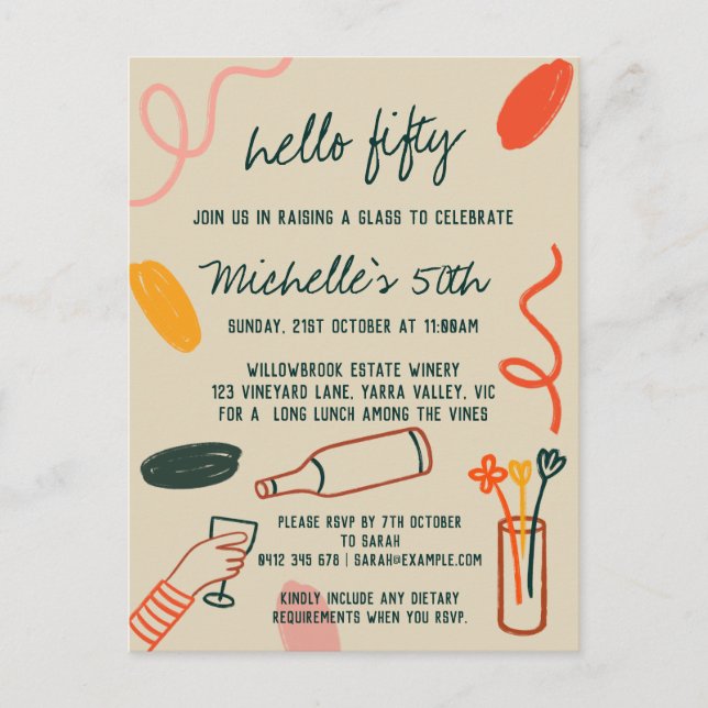 Hej 50 Fifty 50-års vinstuga Lunch Födelsedag Vykort (Framsida)