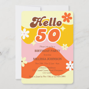 Hej 50 Retro Våg Groovy Blomma Födelsedag Inbjudningar