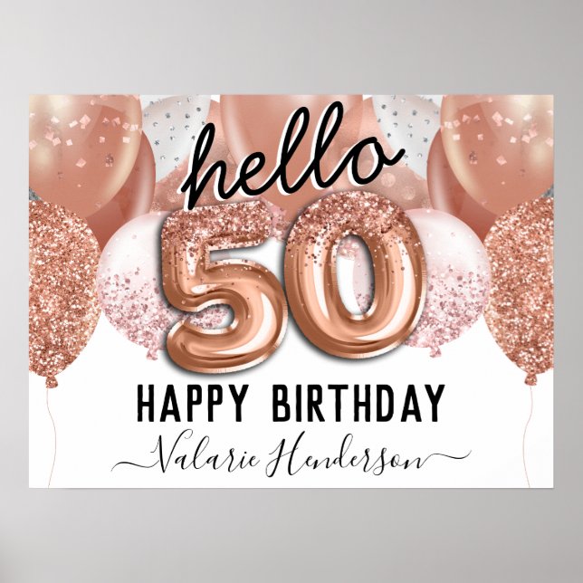 Hej 50 Rosa Glitter Birthday Balloons Sign Poster (Framsidan)