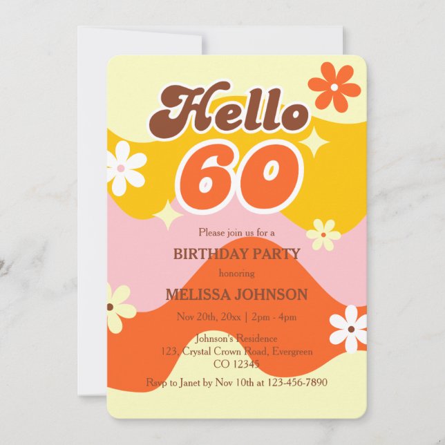 Hej 60 Retro Våg Groovy Blomma Födelsedag  Inbjudningar (Framsida)