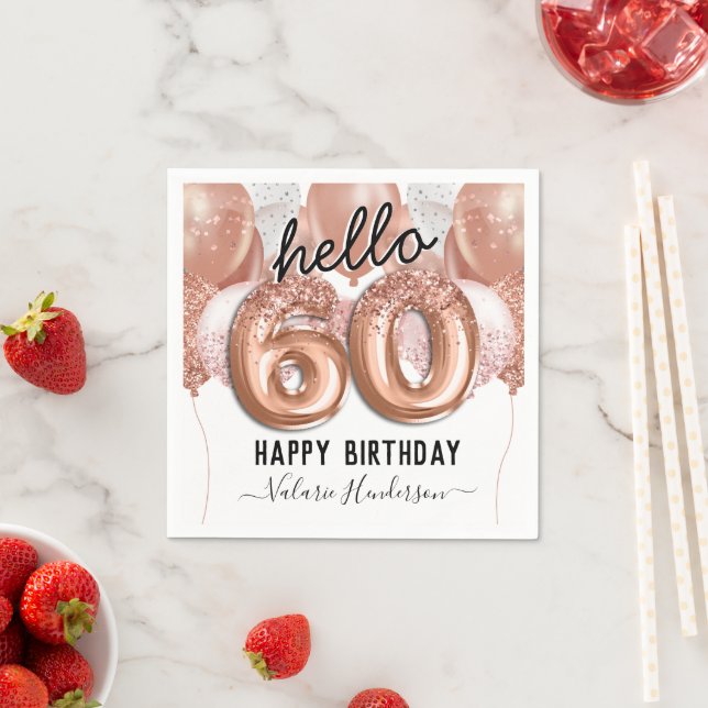Hej 60 Rosa Glitter Birthday Balloons Napkins Pappersservett (Insitu)