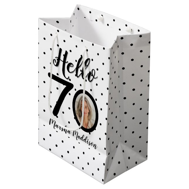 Hej 70 Black & White Dots Photo & Namn Birthday (Framsidan Vinklad)