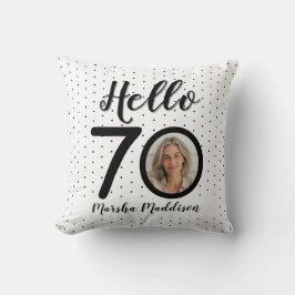 Hej 70 Black & White Dots Photo & Namn Birthday Kudde