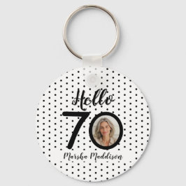 Hej 70 Black & White Dots Photo & Namn Birthday Nyckelring