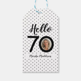 Hej 70 Black & White Dots Photo & Namn Birthday Presentetikett