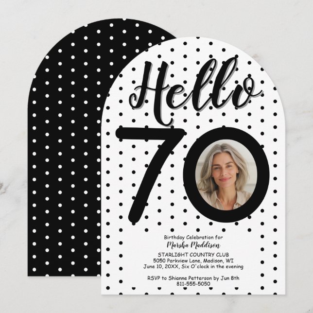 Hej 70 Photo Black & White Dots Birthday Inbjudningar (Fram/baksida)