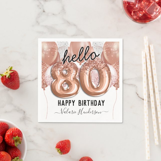 Hej 80 Rosa Glitter Birthday Balloons Napkins Pappersservett (Insitu)