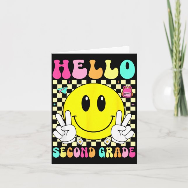 Hej andra klass retro leende ansikte tillbaka till kort (Framsida)