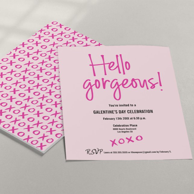 Hej anpassningsbar för gorgös Galentins rosa av da Inbjudningar (Hello Gorgeous! XOXO Galentine's day party invitation in pink and hot pink. Customizable fields.)