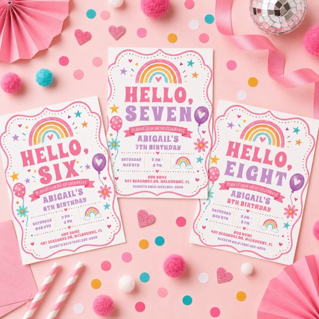 Hej Åtta Regnbågsflickans 8-årsdag Inbjudningar (Hello Eight Rainbow Girl's 8th Birthday Invitation)