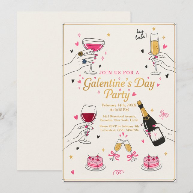 Hej Babe Galentines-fest Vin Tårta Inbjudningar (Fram/baksida)