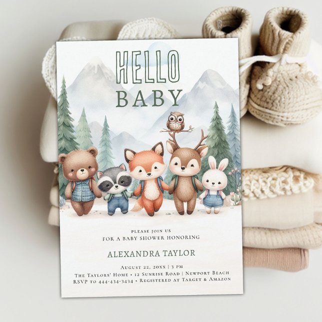 Hej Baby Äventyr Woodland Animals Baby Shower Inbjudningar (woodland adventure gender neutral baby shower invitation mountain forest cute animals hiking treck)