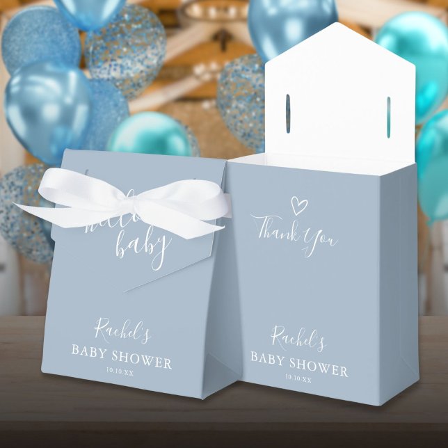 Hej Baby Baby Shower Baby Pojke Dammig Blå Söt Hjä Presentaskar (Hello Baby Shower Baby Boy Dusty Blue Cute Heart Favor Boxes)