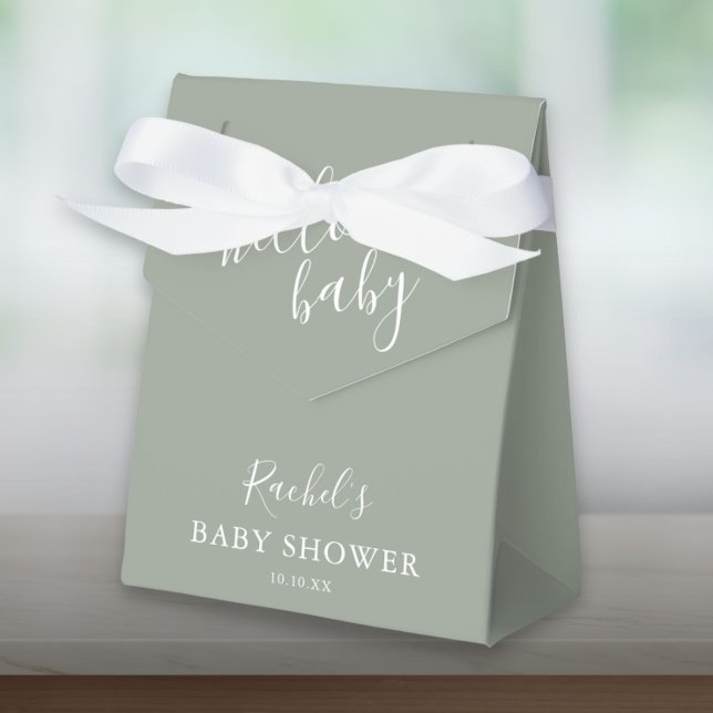 Hej Baby Baby Shower Könsneutral Boho Salvia Grön Presentaskar (Hello Baby Shower Gender Neutral Boho Sage Green Favor Box)