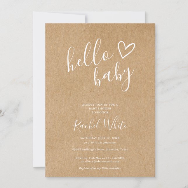 Hej Baby Baby Shower Könsneutral Rustik Kraft Inbjudningar (Framsida)