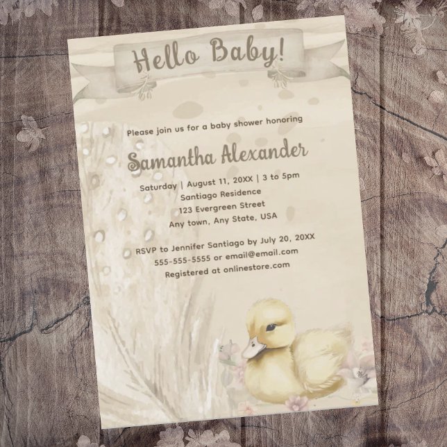 Hej Baby babydusch Inbjudningar (Hello Baby boho baby duck baby shower invitation. Baby duck on wildflowers. Watercolor boho feather.)