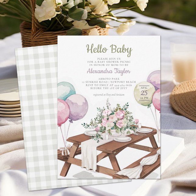 Hej Baby-ballonger Picnic Park Neutralt Shower Inbjudningar (picnic baby shower invitation park summer watercolor balloons cute fun casual classy gender neutral)