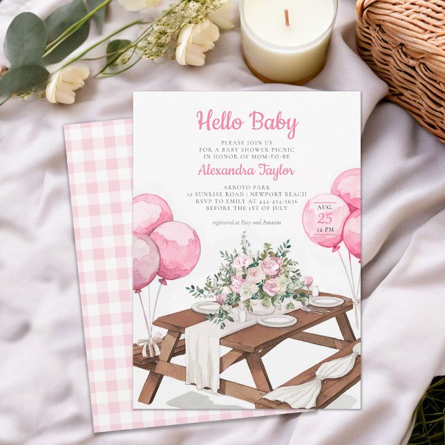 Hej Baby Balloons Picnic Park Girl Shower Baby Sho Inbjudningar (picnic girl baby shower invitation park summer watercolor balloons cute fun casual classy)