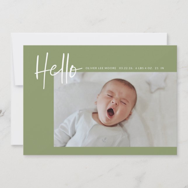 Hej Baby Birth Photo Announcement Boy Grönt Meddelande (Framsida)