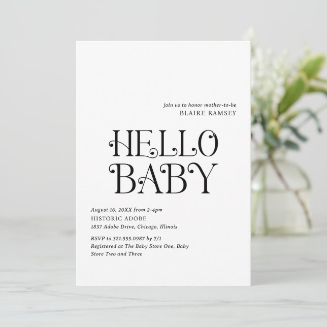Hej Baby Black White Modern Baby Shower Inbjudningar (Stående Fram)