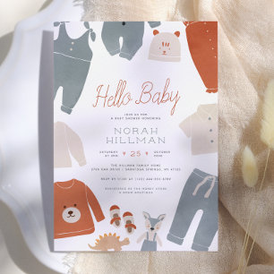 Hej Baby   Blue Boho Clothes Boy Shower Inbjudningar