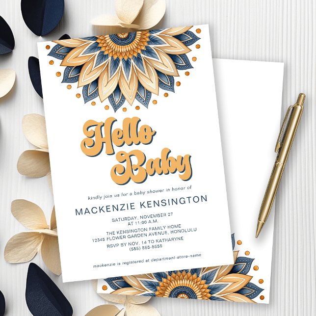 Hej Baby blue Guld Retro Hippie Baby Shower Inbjudningar (Hello Baby! Navy Blue and Gold Boho Sunflower Baby Shower Invitation)