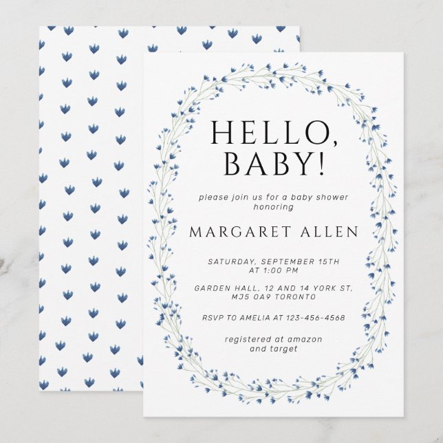 Hej Baby blue Wildblomma Botanical Baby Shower Inbjudningar (Fram/baksida)