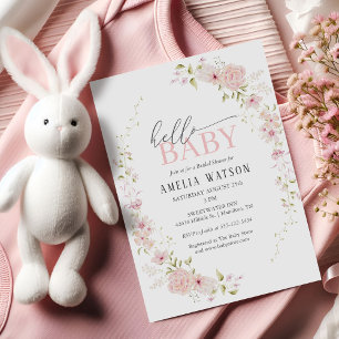 Hej Baby Blush Rosa Blommig Barnkalas Inbjudningar