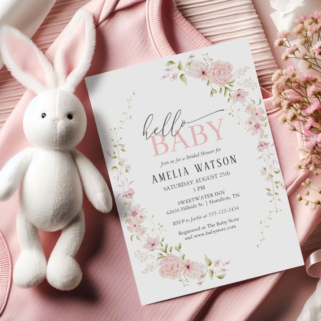 Hej Baby Blush Rosa Blommig Barnkalas Inbjudningar (Hello Baby Blush Pink Floral Baby Shower Invitation)
