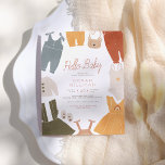 Hej Baby | Boho Clothes Girl Baby Shower<br><div class="desc">En söt, modern babyduschinbjudan med "Hej Baby" i terracotta-skriptbokstäver och duschinformation i enkel typografi. Runt kant på kortet finns det söta boho-barnkläder: byxor, pyjamas, klänningar, karosseri, romprar, overaller, dungarees, en simmande kostym, baby-skor och en liten björnhandväska! Kläderna finns i ett bohemiskt färg-schema med rost orange, senap, gult, grädde, rosa, beige,...</div>