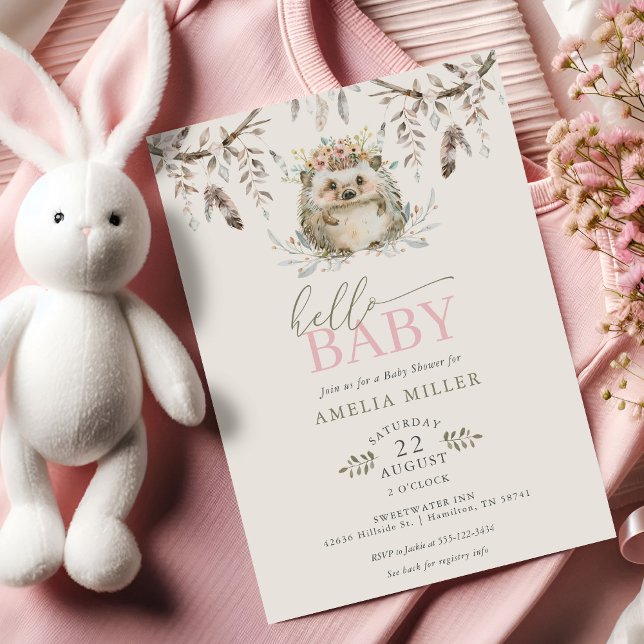 Hej Baby Boho Igelkott Flicka Bebisfest Inbjudningar (Hello Baby Boho Hedgehog Girl Baby Shower Invitation)