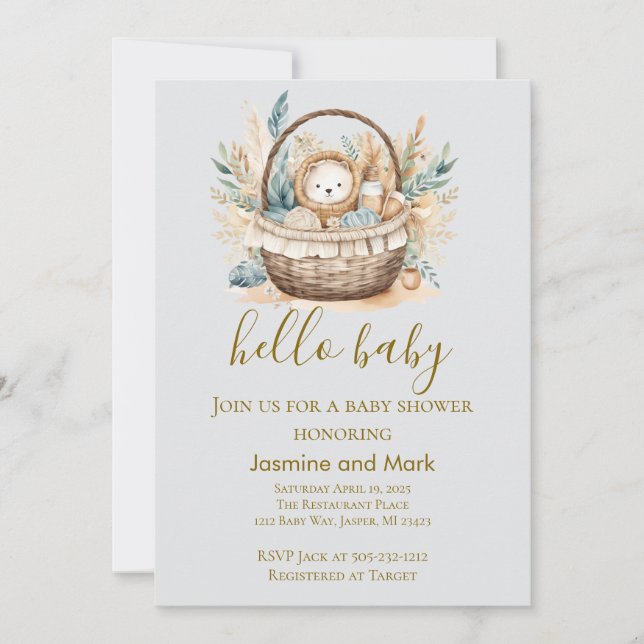 Hej Baby Boho Neutral Björn Korg Inbjudningar (Framsida)