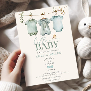 Hej Baby Boy Klädstreck Boho Babyfirande Inbjudningar
