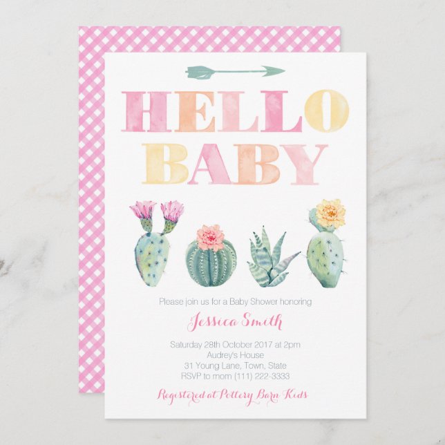 Hej Baby! Cactus Baby Shower eller Sip and See Inbjudningar (Fram/baksida)