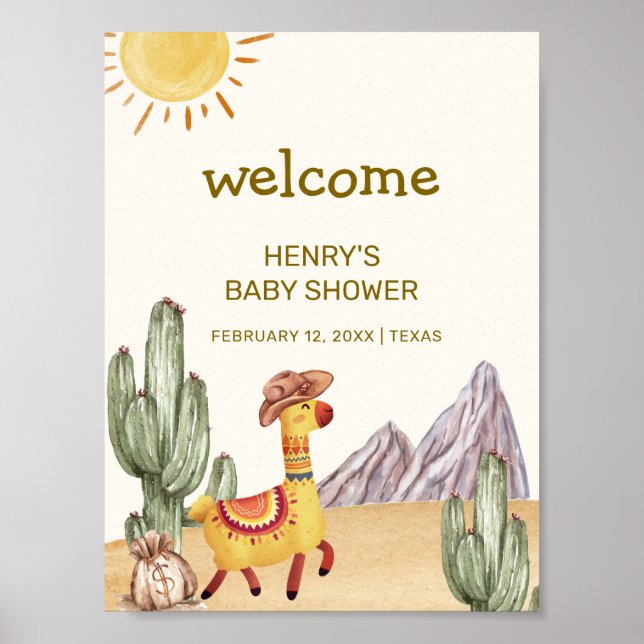 Hej Baby Cactus Llama Cowboy Baby Shower Välkommen Poster (Framsidan)