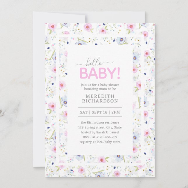 Hej Baby Cute Blommigt Rosa Blue Girl Baby Shower Inbjudningar (Framsida)