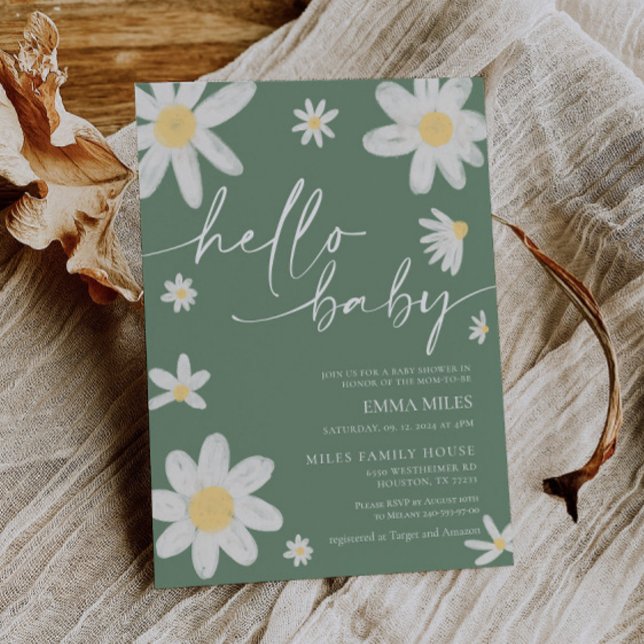 Hej Baby Daisy Sage Grönt Baby Shower-inbjudan för Inbjudningar (Skapare uppladdad)