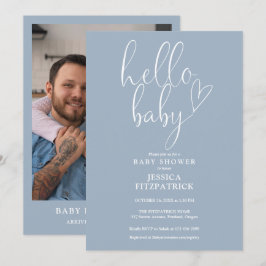 Hej Baby Dammig Blå Pojke Foto Baby Shower Inbjudningar