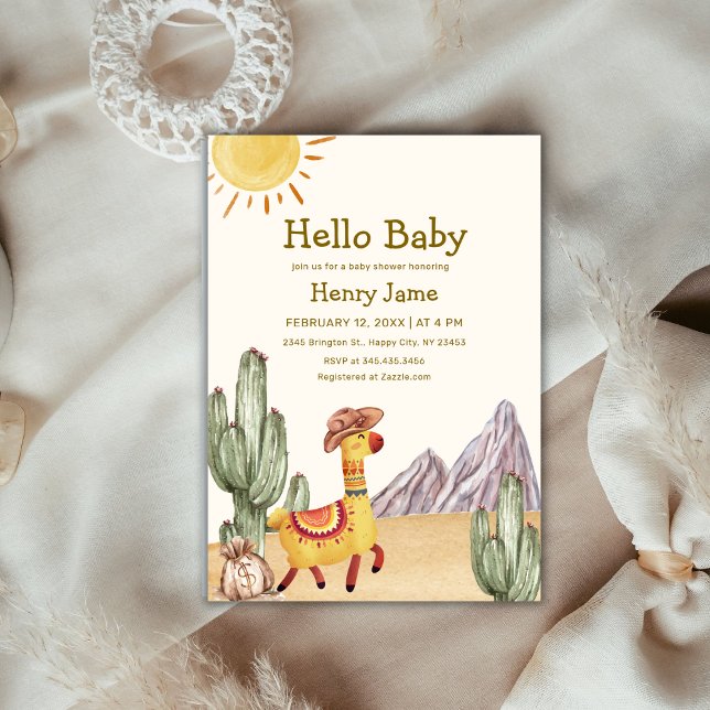 Hej Baby Desert Cactus Llama Cowboy Baby Shower Inbjudningar (Hello Baby Desert Cactus Llama Cowboy Baby Shower Invitation)